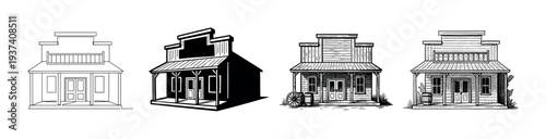 Four illustrations of a wild west building showing different artistic styles from simple line art and silhouette to detailed hatching and stippling for a vintage, retro look