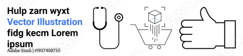 E-commerce, medical services, health monitoring, online purchases, approvals, digital concepts. Line art of stethoscope, shopping cart with cube and thumbs-up symbol. Medical services and e-commerce