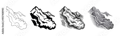 Set of four mountain illustrations showing different artistic styles from simple line art and silhouette to detailed engraving and stippling techniques for graphic design
