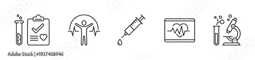 Set of five medical and healthcare line icons representing lab tests, physical checkups, vaccination, cardiology monitoring, and scientific research in a clean minimalist style