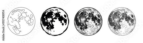 Collection of four hand-drawn full moons in different artistic styles, including minimalist line art, ink brush, classic engraving, and stippling, showcasing various graphic techniques