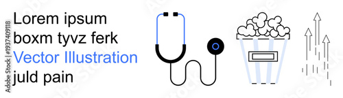 Healthcare, wellness trends, lifestyle balance, medical insights, entertainment, growth . Stethoscope, popcorn and upward arrows. Healthcare and lifestyle balance concepts