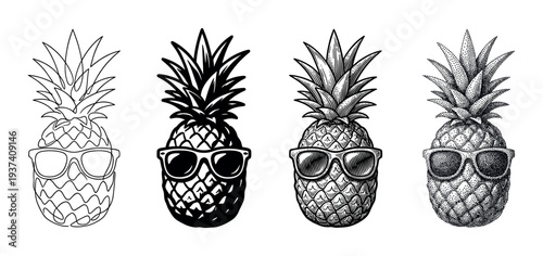 Four cool pineapple illustrations wearing sunglasses in different artistic styles including continuous line art, stencil, vintage engraving, and dotwork stippling
