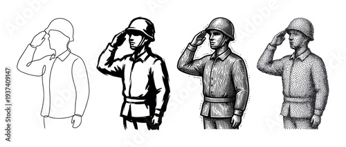 Four black and white illustrations of a soldier saluting, a collection of different artistic techniques including continuous line drawing, ink wash, vintage engraving, and stippling