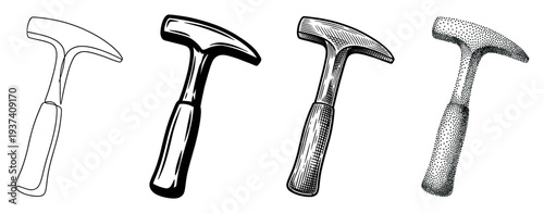Four distinct black and white geological hammer illustrations are presented side-by-side, showcasing various artistic styles including outline, bold, engraved, and stippled techniques