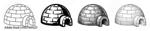 Set of four black igloo illustrations in different artistic styles, including simple outline, bold silhouette, classic engraving, and modern stippling dotwork