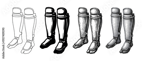 Cricket leg guard pads for batting shown in four different black and white artistic styles including outline, solid silhouette, engraved hatching, and halftone dot pattern