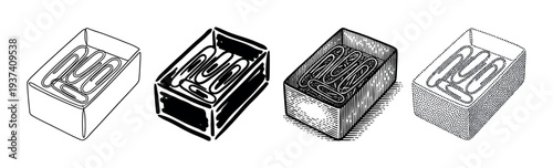 Set of four paper clip boxes illustrated in different black and white artistic techniques, from simple line art and bold ink to classic engraving and stippling