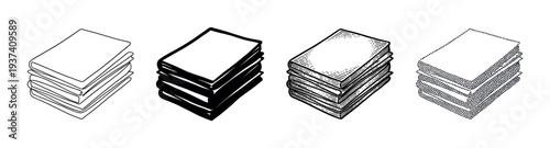 Set of four book stack illustrations in different artistic styles including line art, silhouette, engraving, and stippling for educational or library concepts