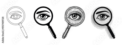 Set of four magnifying glasses with human eyes inside, showing different artistic styles like continuous line art, solid silhouette, vintage engraving, and retro halftone pattern