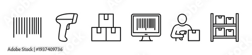 Warehouse and logistics management icon collection with thin line symbols for barcode, scanner, parcels, inventory system, worker, and storage shelving