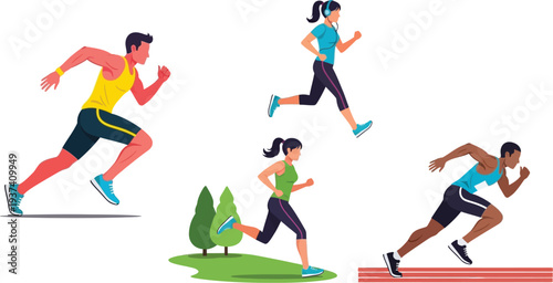 Diverse group of athletes sprinting and jogging in various athletic poses during a healthy outdoor running session.