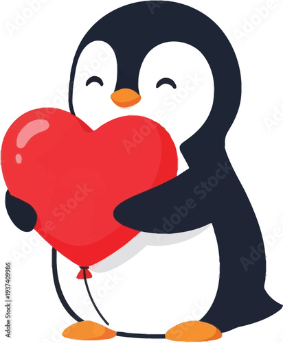 Cute cartoon penguin character lovingly hugs a bright red heart-shaped balloon against a white background.
