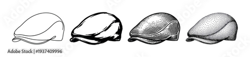 Four black and white flat cap illustrations in a set showing different artistic styles from simple line art and brush strokes to detailed engraving and stippling techniques