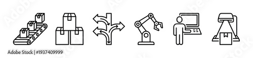 Collection of minimalist black outline icons depicting warehouse automation, including a conveyor belt, robotic arm, sorting arrows, operator, and barcode scanner