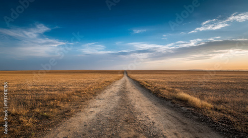 An endless dirt road through the vast prairie at sunset, an open landscape of golden fields and endless blue skies