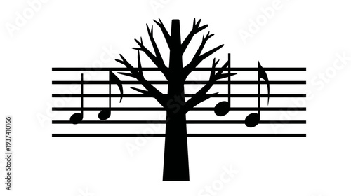 Black silhouette of a tree with musical notes on a staff, set against a stark white background