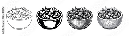 Four black and white food bowl illustrations demonstrating various graphic techniques like continuous line drawing, high contrast silhouette, detailed hatching, and pointillism