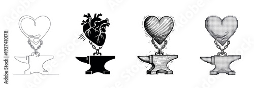 Set of four conceptual heart illustrations chained to an anvil, rendered in diverse artistic styles including continuous line art, bold silhouette, vintage engraving, and pixel art