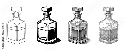 Four vintage glass decanter illustrations in different artistic styles including line art, ink sketch, detailed hatching, and stippling, showing a progression of technique
