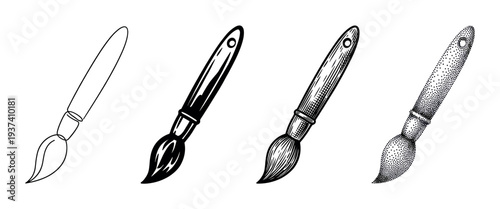 Set of four artist paintbrushes illustrated in different graphic styles including clean line art, solid stencil, vintage engraving, and detailed stippling for creative concepts