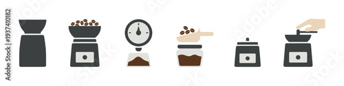 Coffee grinder and bean preparation icon set illustrating the process of grinding, weighing, and storing coffee in a simple, minimalist flat design style