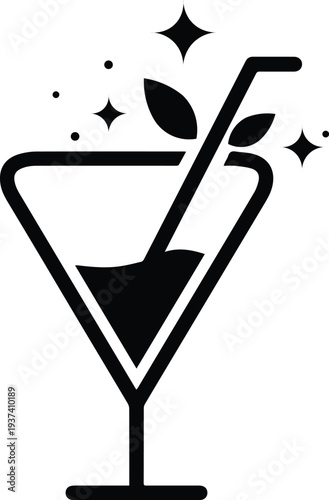 Sparkling Cocktail: A captivating monochrome image of a refreshing cocktail, featuring a stylish glass, a straw, and fresh leaves, set against a backdrop of sparkling stars.