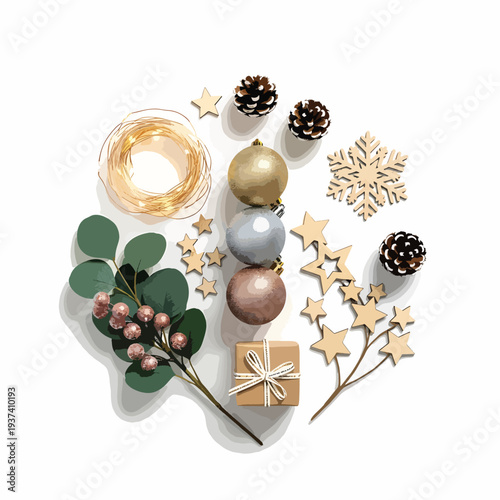 Christmas decorations with ornaments and gift box.