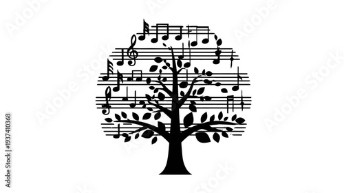 A black silhouette of a tree featuring leaves and musical notes on a white background