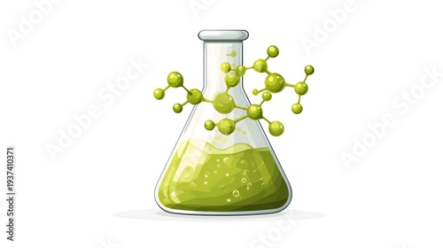 Green Liquid in Erlenmeyer Flask with Molecular Structure Illustration.