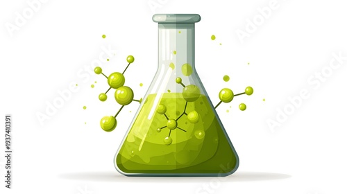 Green Liquid in Erlenmeyer Flask with Molecular Structures.