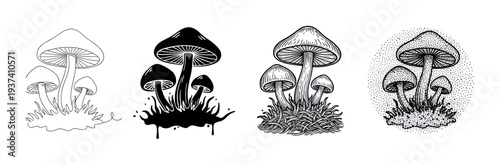 Set of four black mushroom illustrations showcasing different artistic styles including simple line art, a solid silhouette, detailed hatching, and stippling dotwork