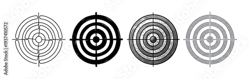 Set of four black and white circular targets for shooting practice, each illustrated in a unique hand-drawn style such as line art, bold brush, hatching, and dot work