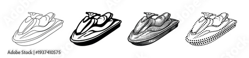 Set of four jet ski illustrations in different graphic styles including line art, silhouette, vintage engraving, and modern halftone dot pattern for a versatile design collection