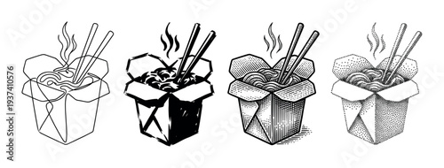 Four black and white noodle box illustrations with chopsticks, a collection of graphic art styles including continuous line, bold ink, woodcut, and dotwork
