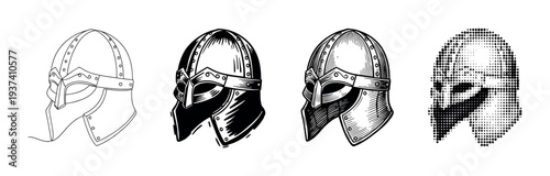 Four medieval warrior helmet illustrations presented in a progression of graphic styles, from a simple outline sketch to a detailed engraving and a final abstract halftone version