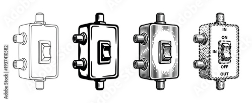 Four vintage electrical toggle switches in a row showing different artistic styles from simple line art and graphic stencil to detailed engraving and stippling for a retro concept