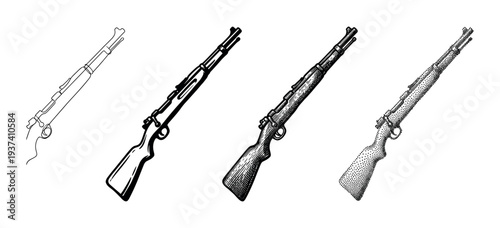 Set of four vintage rifle illustrations showing different artistic styles including simple line art, graphic silhouette, detailed engraving, and classic stippling