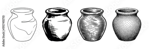 Set of four black and white clay jugs showing different drawing techniques, from simple line art and ink sketch to detailed engraving and stippling styles