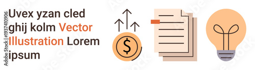 Financial planning, innovation strategies, documentation, economic growth, creativity, and investment ideas. Dollar coin with upward arrows, papers and light bulb. Financial planning and innovation