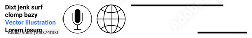 Communication, media, global interaction, technology, podcasting, digital networks. Microphone icon and globe symbol with text elements. Communication and global interaction concept