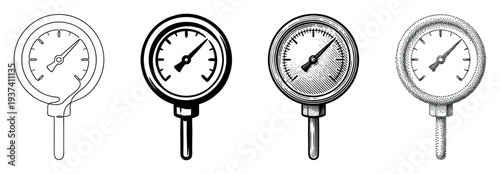 Collection of four pressure gauge illustrations rendered in diverse artistic styles, from minimalist continuous line and bold icon to vintage engraving and modern stippling