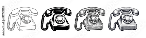 Four vintage rotary telephones in different graphic styles including line art, solid black, engraving, and halftone dot pattern for a retro communication concept
