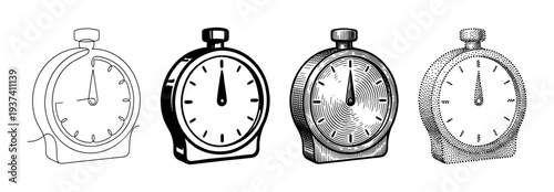 Four black and white illustrated stopwatches in a row, each showcasing a different artistic style from single line and bold outline to detailed engraving and stippling