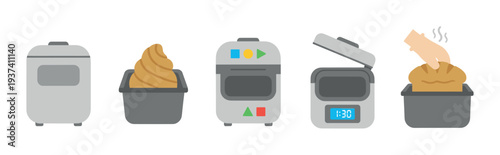 Bread maker machine icon set showing the step-by-step process of baking a fresh loaf, from rising dough to the finished hot bread, in a simple flat vector style