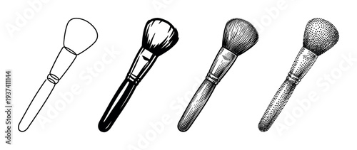 Four makeup brushes in different artistic styles including line art, solid silhouette, detailed engraving, and stippling for cosmetic and beauty concepts