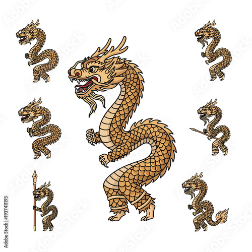 Golden Dragon Illustration with Multiple Heads.