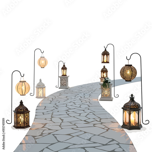 Ornate Lanterns on Stone Pathway.