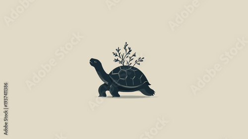 A stylized illustration features a turtle with plant life growing from its back, minimalist design