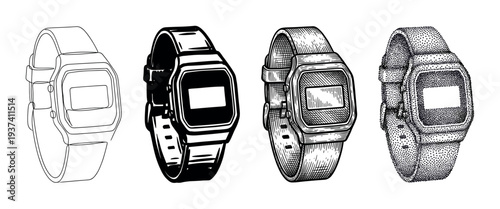 Set of four retro digital wristwatches illustrated in various artistic styles including line art, high contrast, engraving, and stippling for a vintage electronics concept